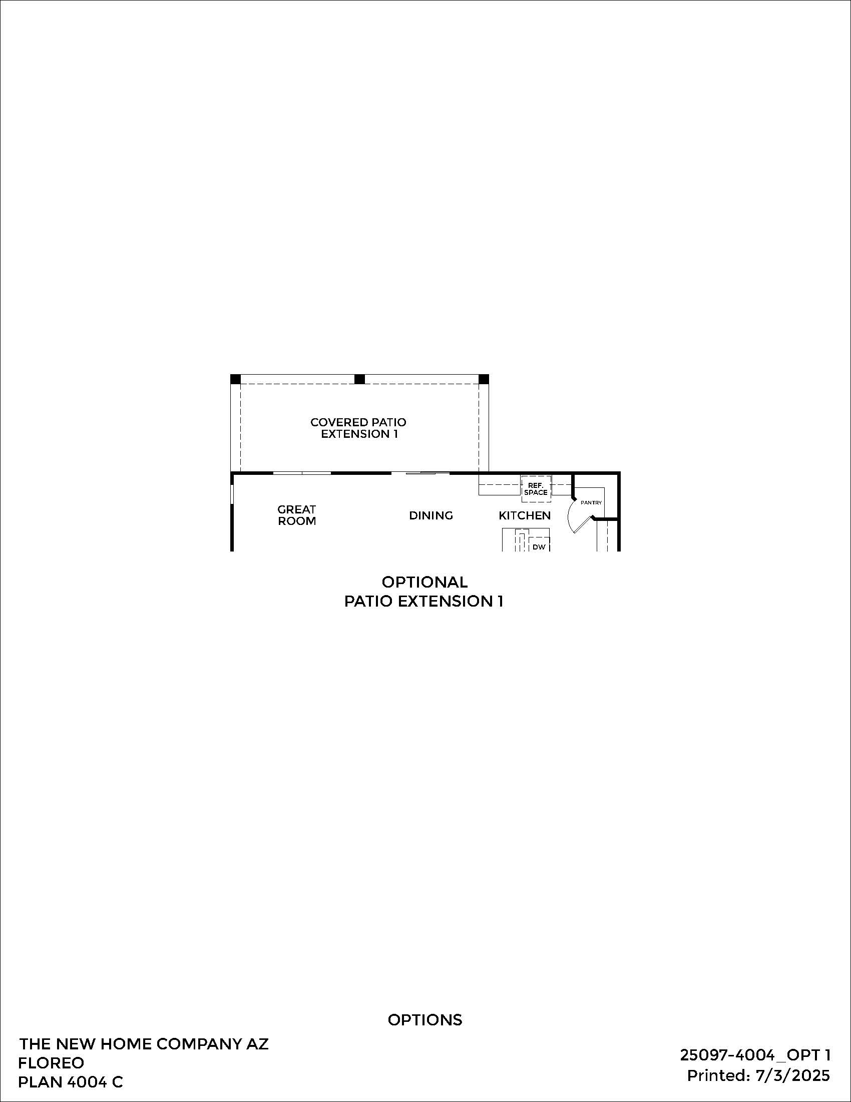 Black and white floor plan layout showing a great room, dining area, kitchen, and optional covered patio extension for Plan 4004 C by The New Home Company AZ.
