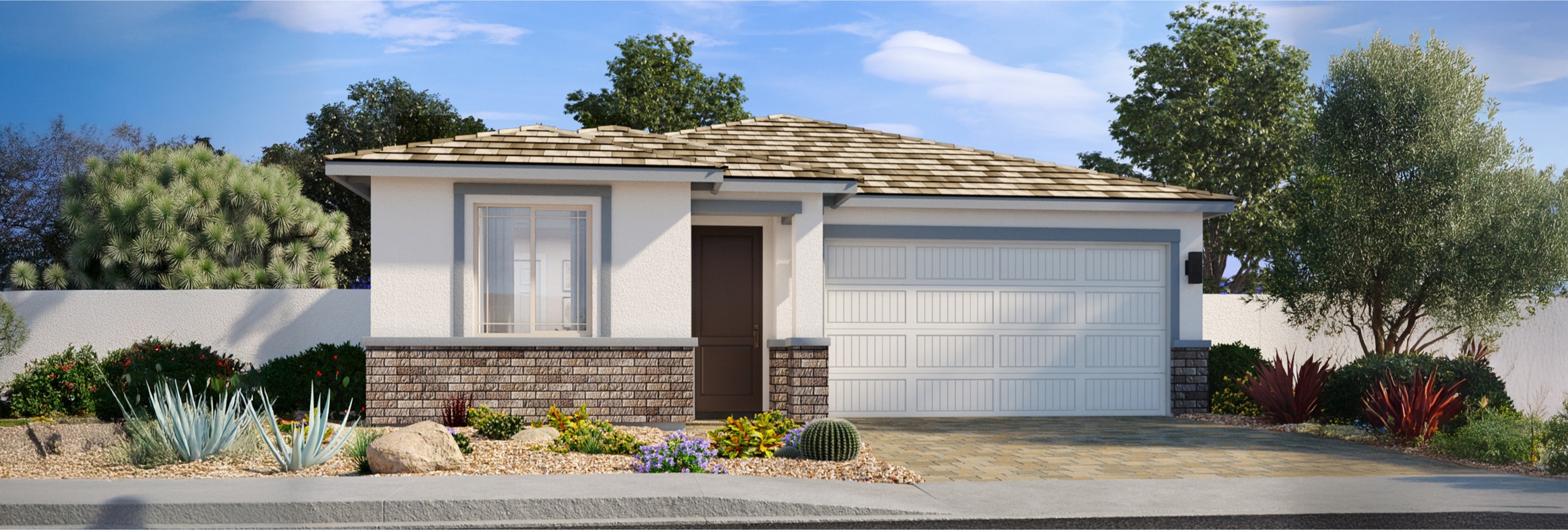 Single-story suburban house with a tiled roof, white garage door, front yard landscaped with desert plants, and a paved driveway, set against a blue sky with scattered clouds.