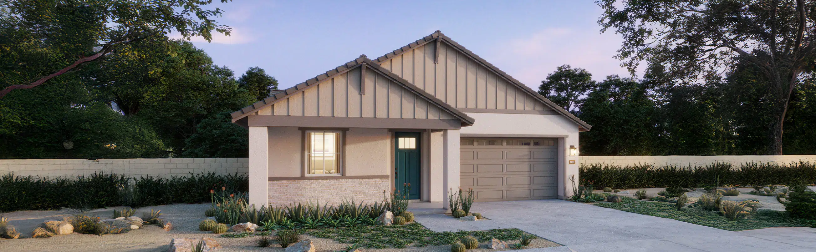 Single-story house with a gabled roof, attached single-car garage, white exterior, front yard landscaping, and a paved driveway, surrounded by trees and a fence.