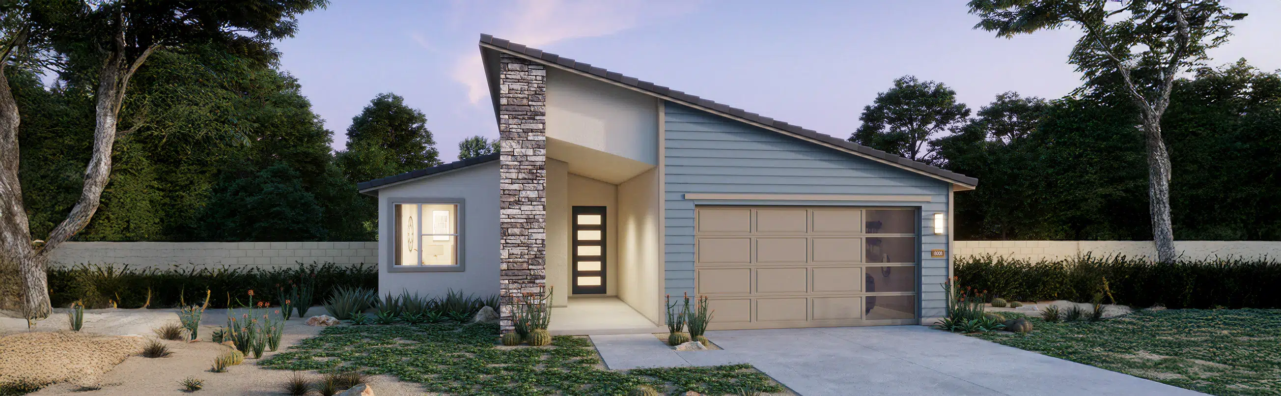 Modern single-story house with a slanted roof, stone and wood facade, attached garage, and xeriscaped front yard at dusk.