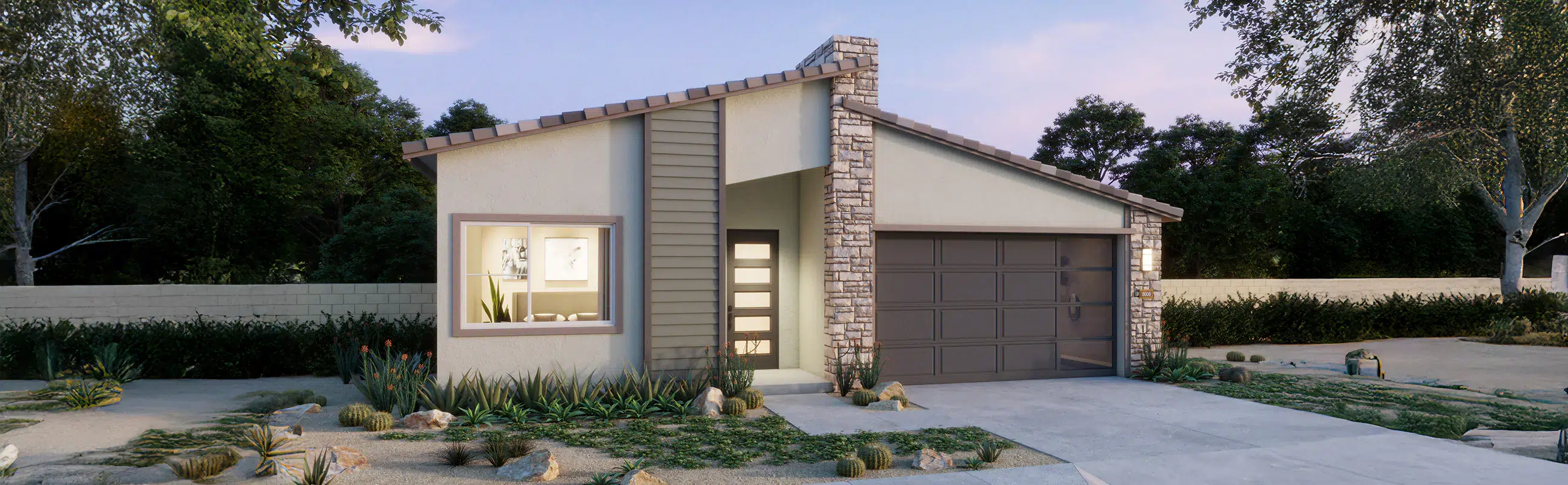 A modern single-story house with a stone accent wall, large garage door, and landscaped front yard at dusk.