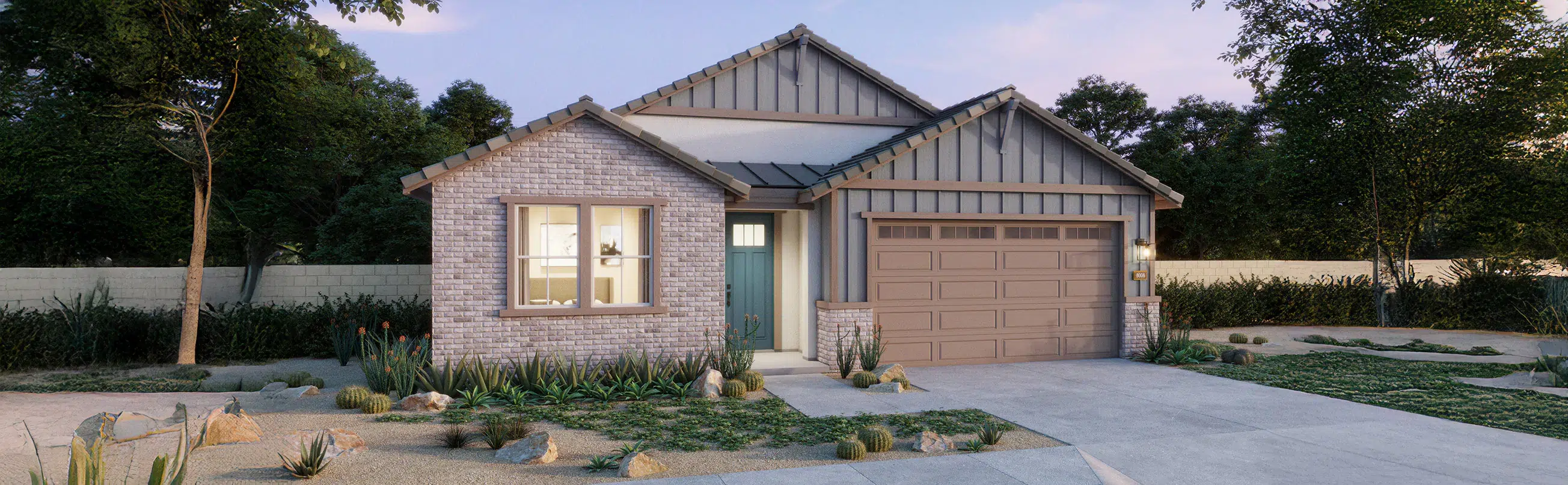 Single-story house with a brick and siding exterior, two-car garage, front yard landscaping, and a concrete driveway under a partly cloudy sky.