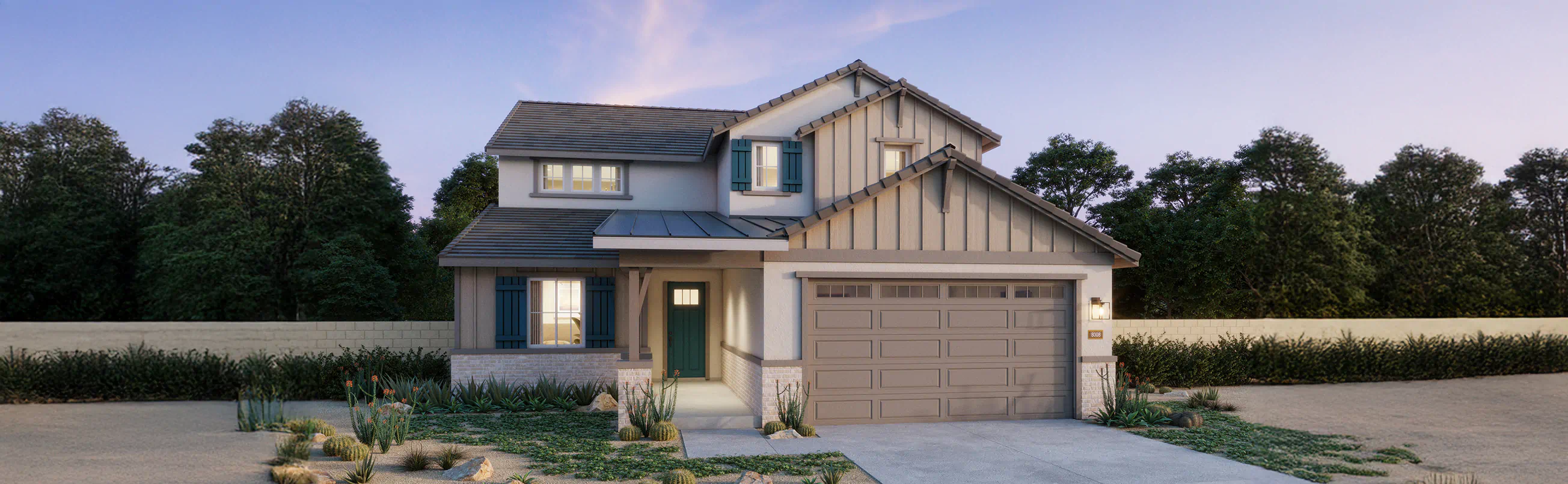 Two-story suburban house with beige siding, gray roof, a double garage, and a small front yard, set against a backdrop of trees and a clear sky.