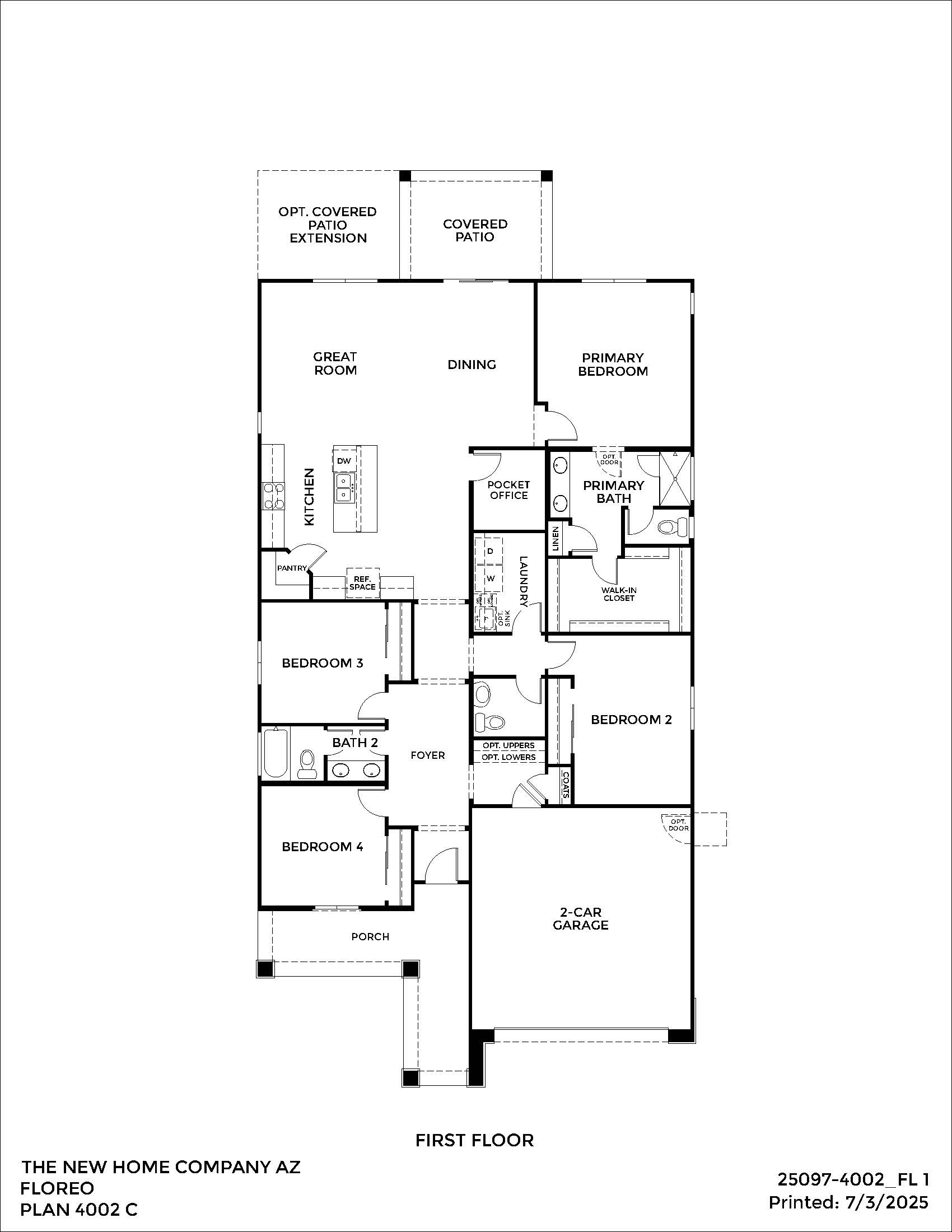 Black-and-white floor plan labeled "FIRST FLOOR" showing four bedrooms, three bathrooms, a great room, dining area, kitchen, porch, covered patio, and a 2-car garage.