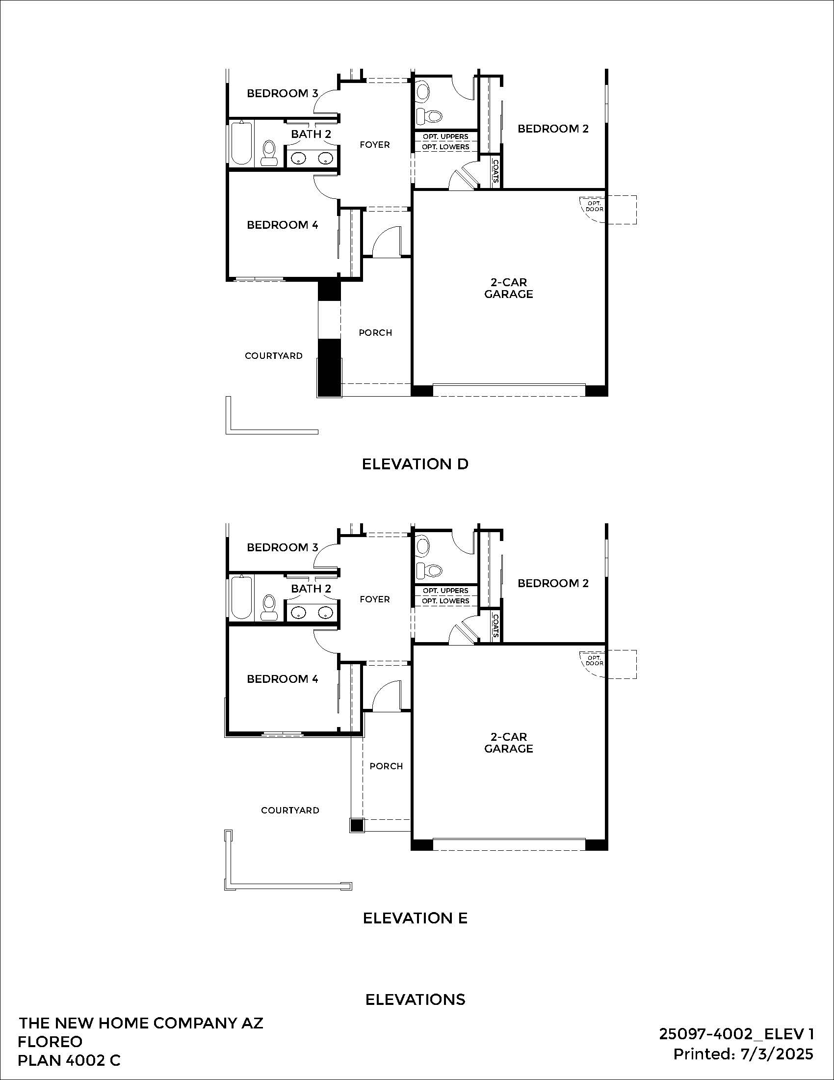 Two floor plans labeled Elevation D and Elevation E, each with four bedrooms, two bathrooms, kitchen, foyer, porch, courtyard, and a two-car garage for The New Home Company AZ.