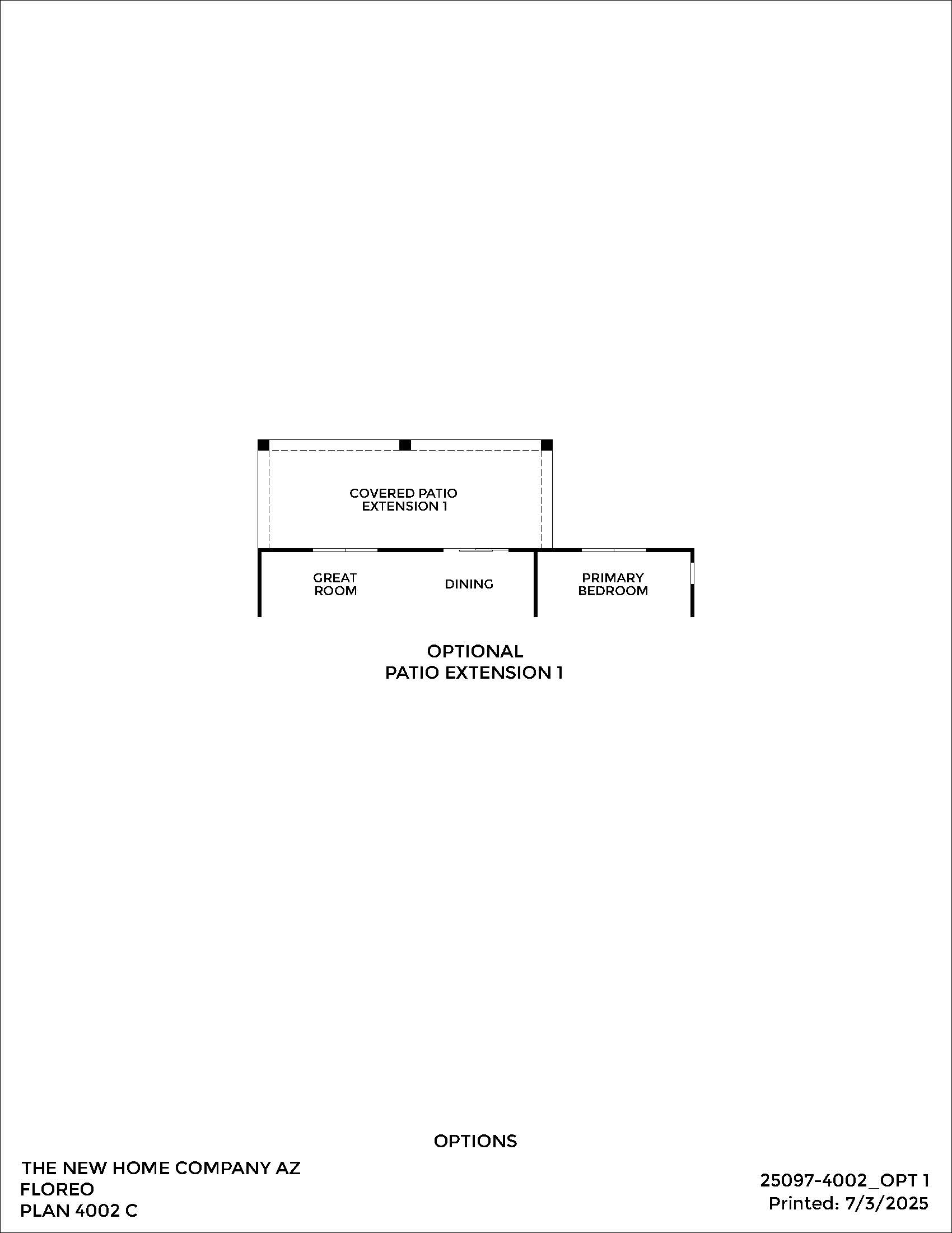 Floor plan diagram showing a great room, dining area, primary bedroom, and an optional covered patio extension. Text and labels indicate room names and patio extension option.