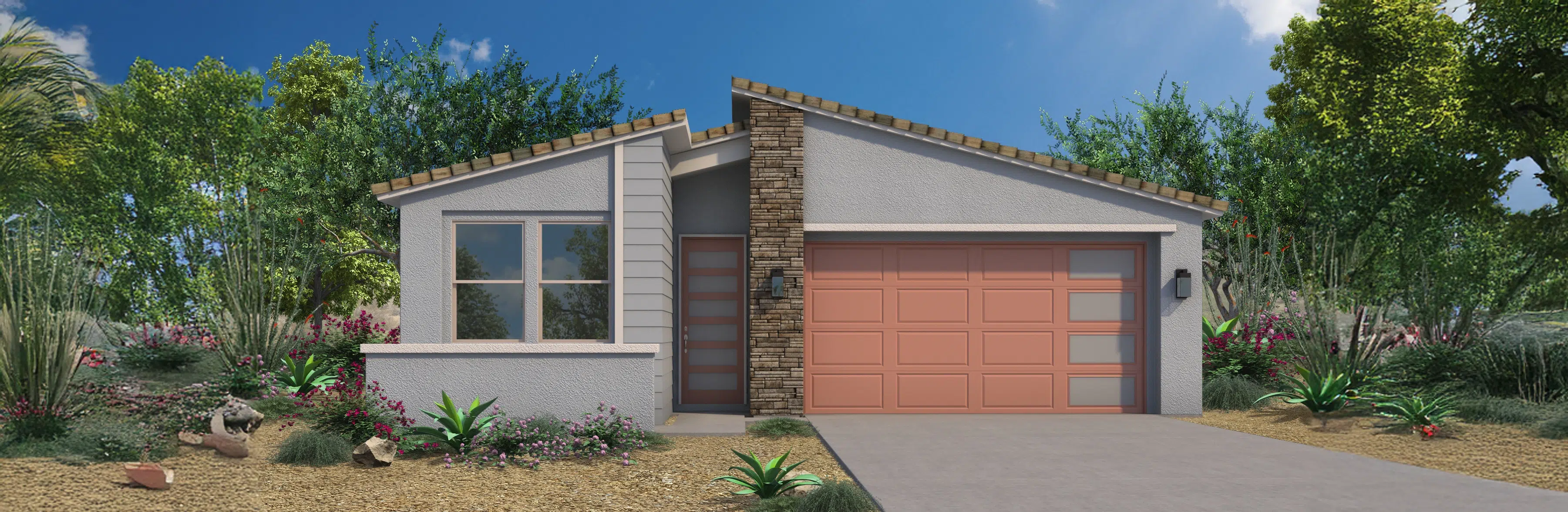Single-story modern house with a pink garage door, stone and siding accents, surrounded by desert landscaping and greenery under a clear blue sky.