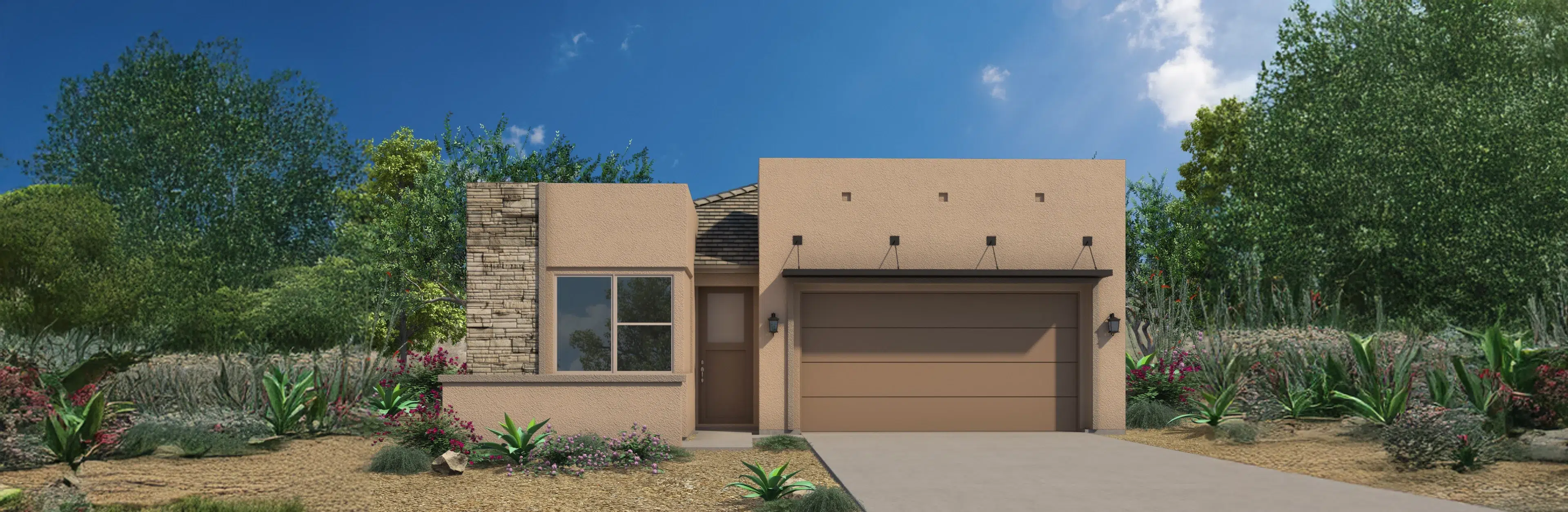 Single-story modern house with a flat roof, stone and stucco exterior, two-car garage, desert landscaping, and blue sky in the background.