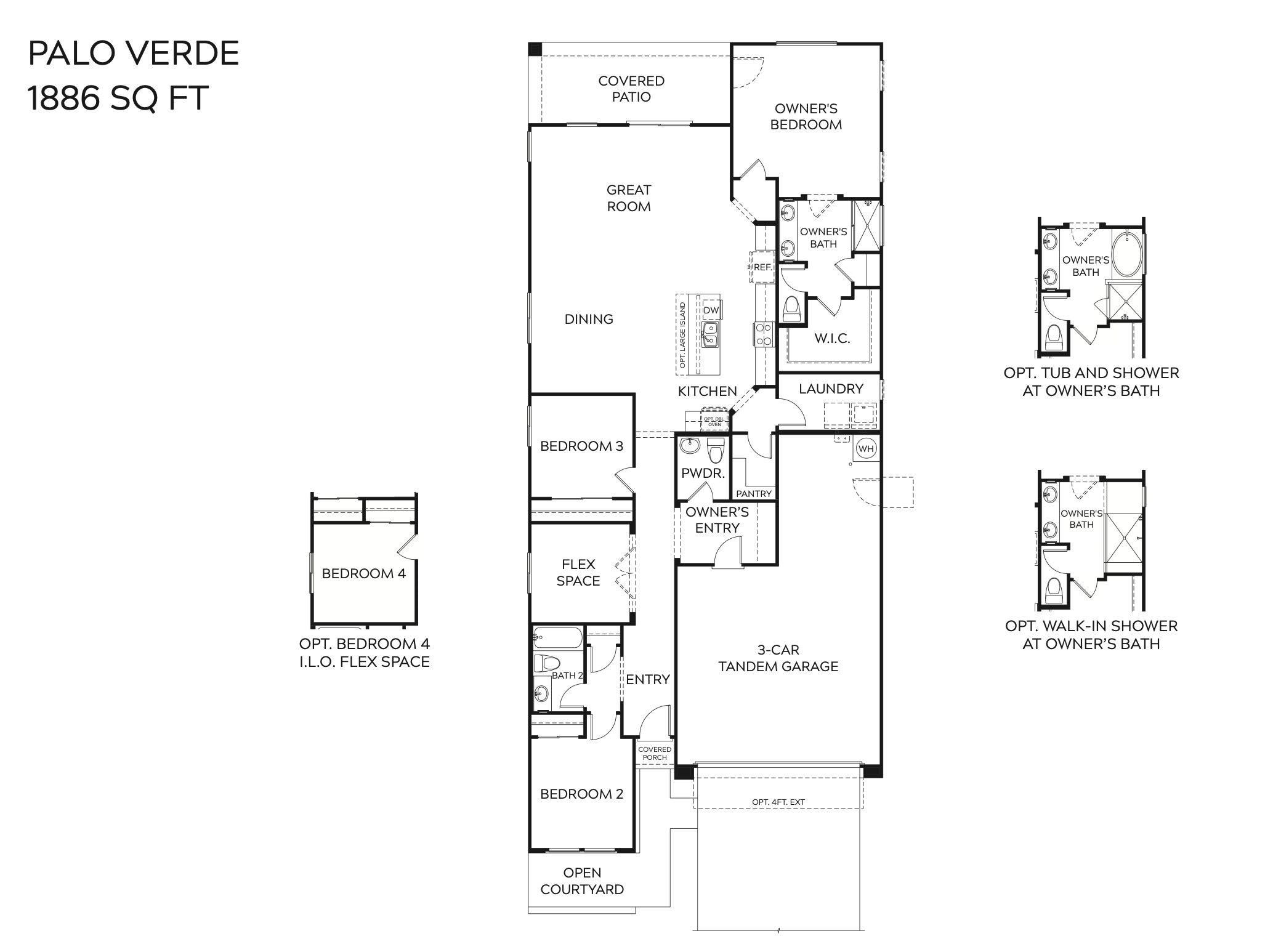 Black and white floor plan for a single-story home labeled "Palo Verde," 1886 sq ft, with 4 bedrooms, 3-car garage, open courtyard, covered patio, and optional layout variations.