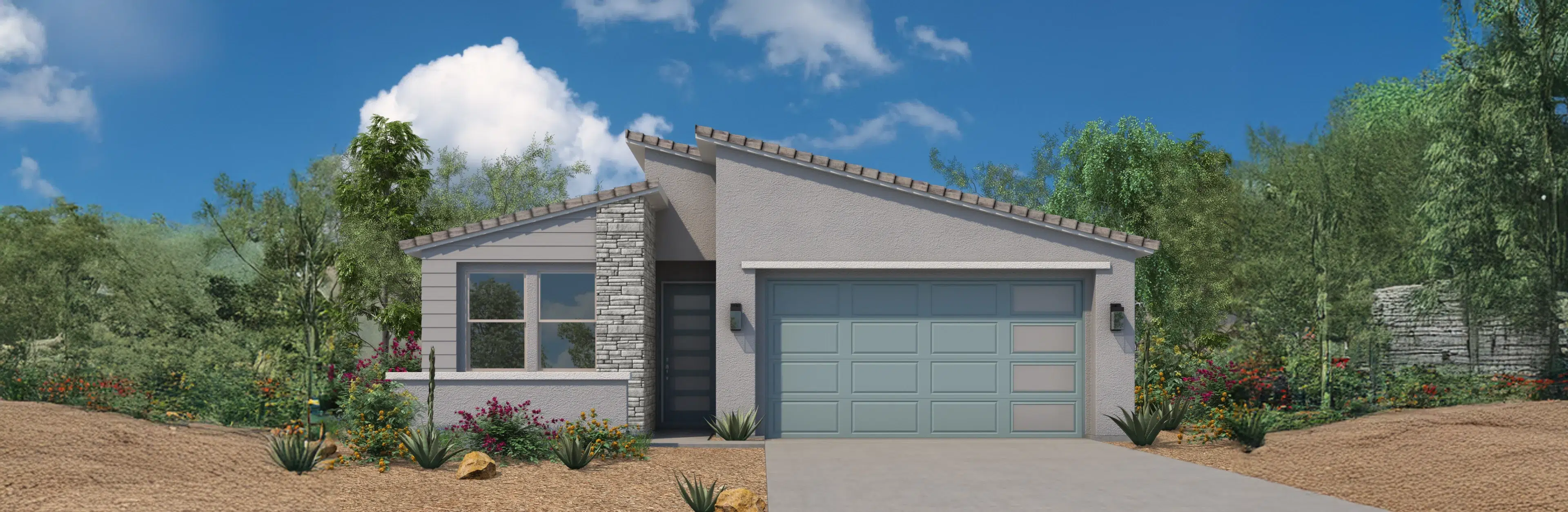 Single-story modern house with light gray siding, a stone accent wall, a two-car garage with a blue door, desert landscaping, and a clear blue sky in the background.