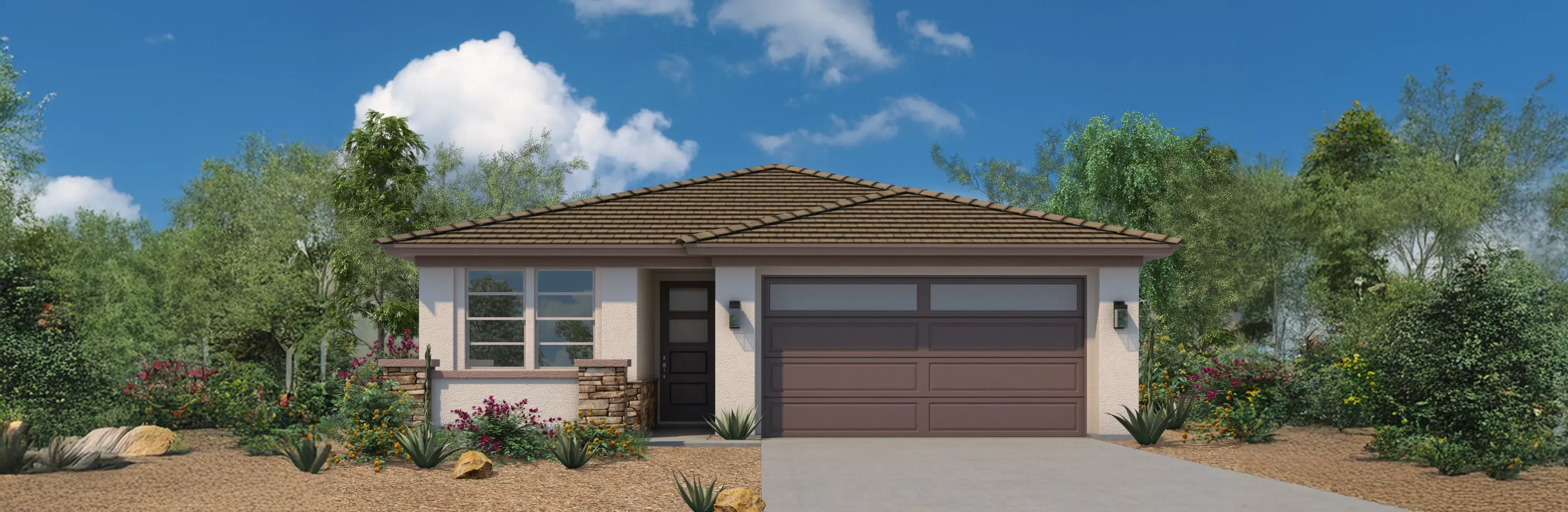 Single-story house with a two-car garage, brown tile roof, stone accents, and desert landscaping under a blue sky with scattered clouds.