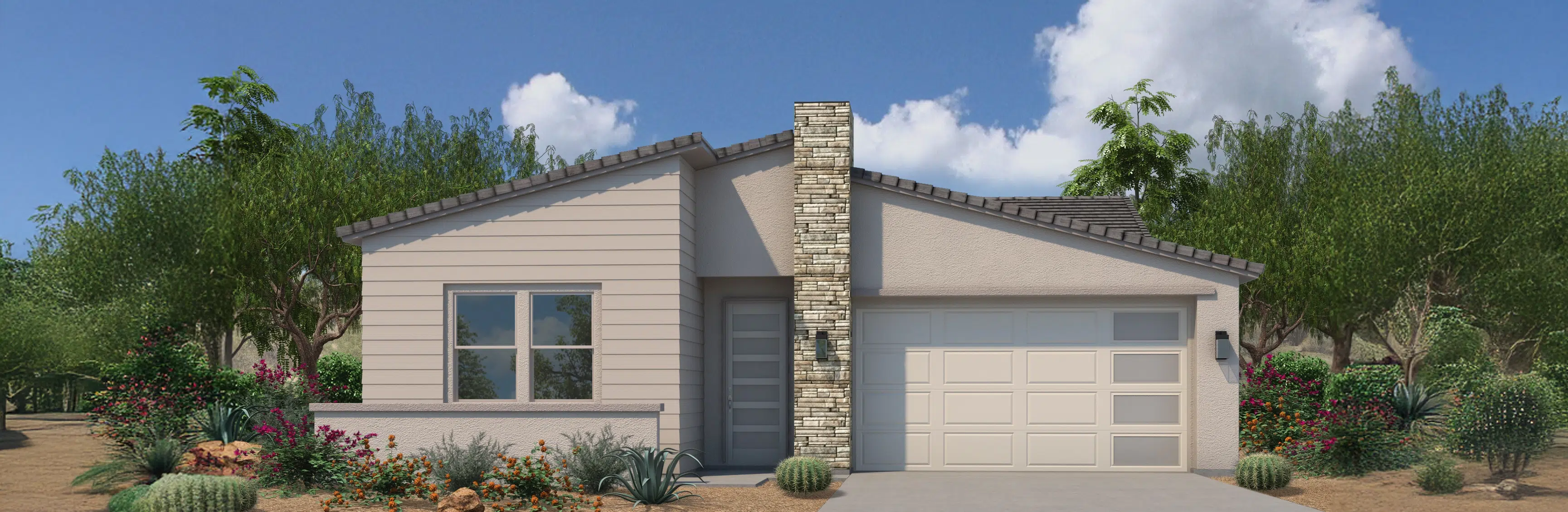 Single-story modern house with light-colored siding, brick chimney, double garage, and desert landscaping under a partly cloudy sky.