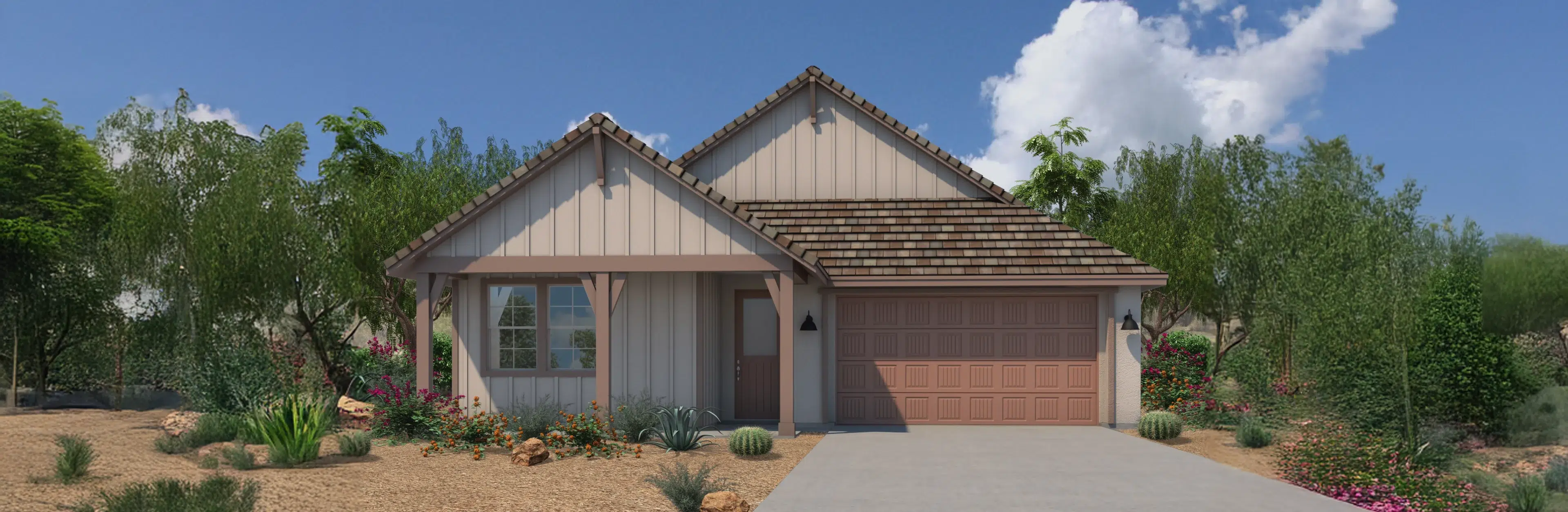 Single-story house with a pitched roof, light siding, brown garage door, and desert landscaping in front, under a blue sky with some clouds.