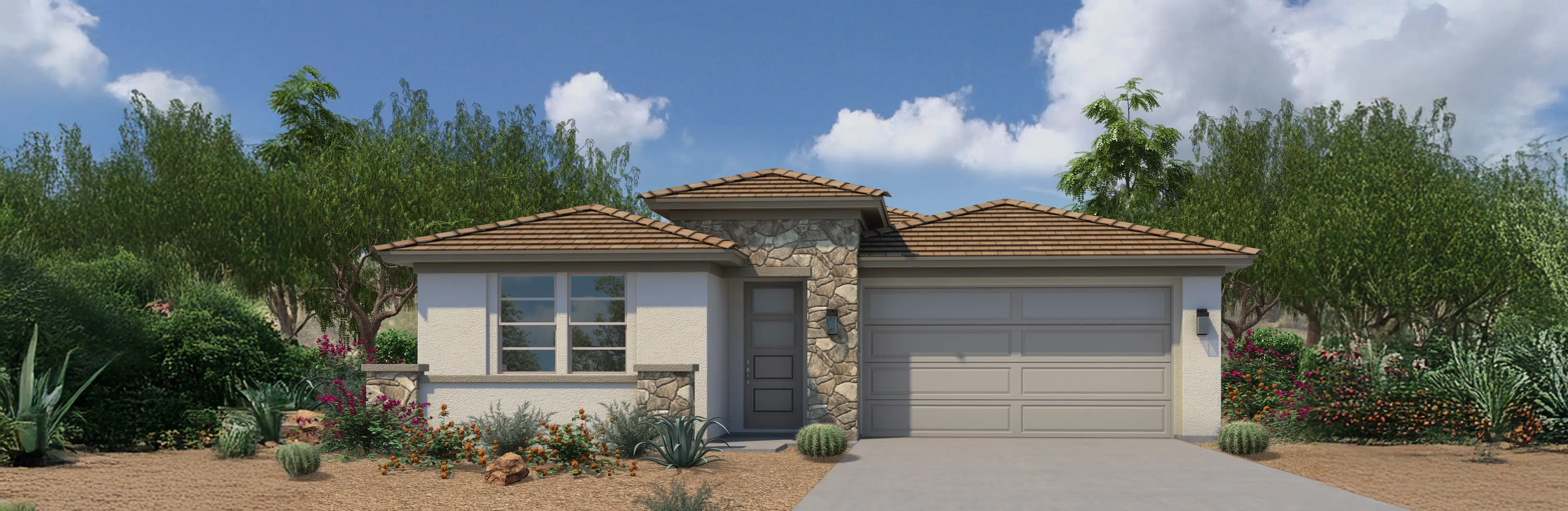 Single-story house with a stone and stucco exterior, tiled roof, two-car garage, and desert landscaping with cacti and shrubs in the front yard.