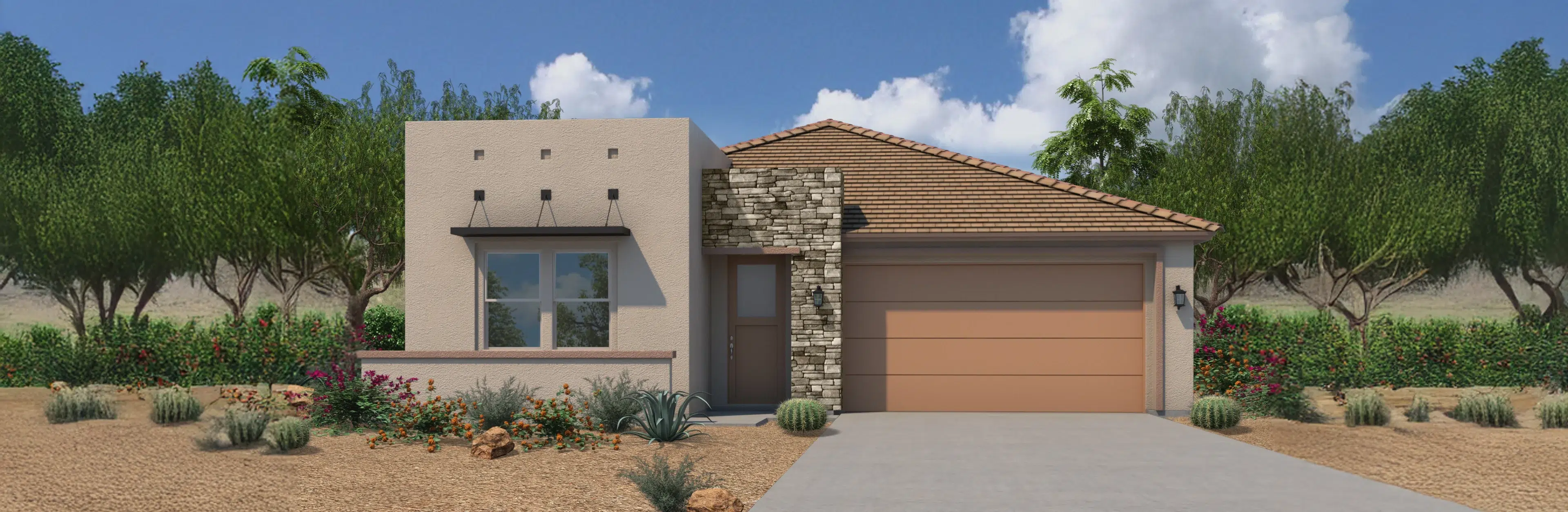 A modern single-story house with a flat and sloped roof, stone and stucco exterior, two-car garage, desert landscaping, and trees in the background.