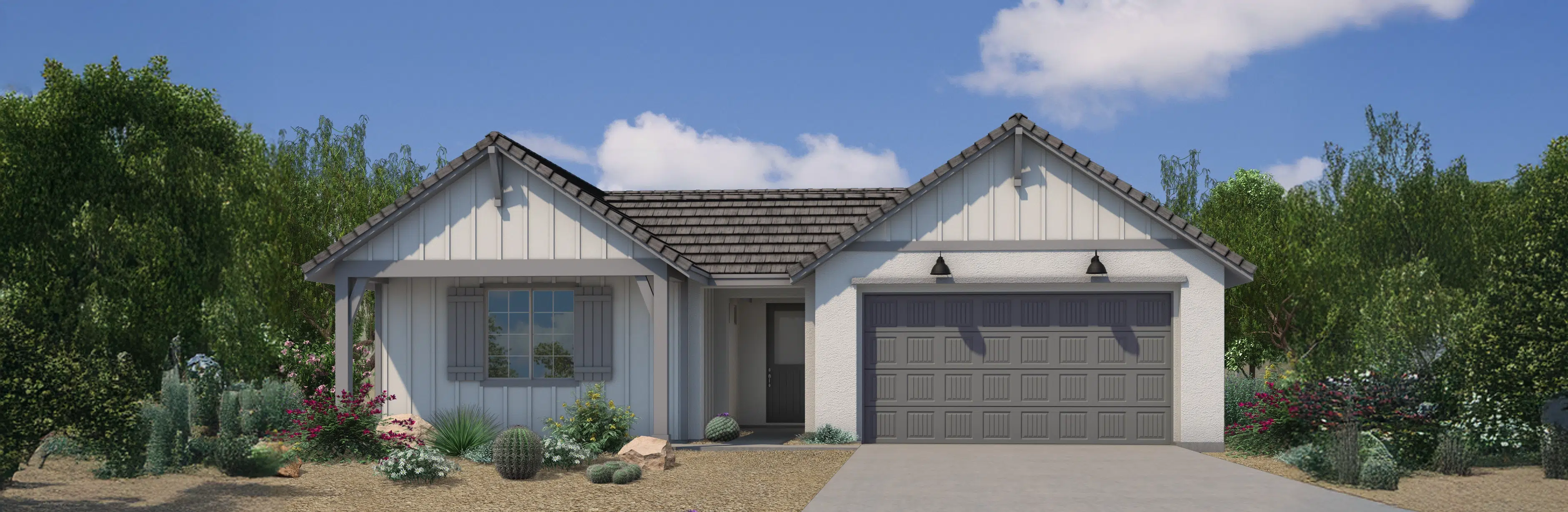 Single-story house with a white exterior, gray roof, and double garage, surrounded by desert landscaping with shrubs and cacti under a partly cloudy sky.