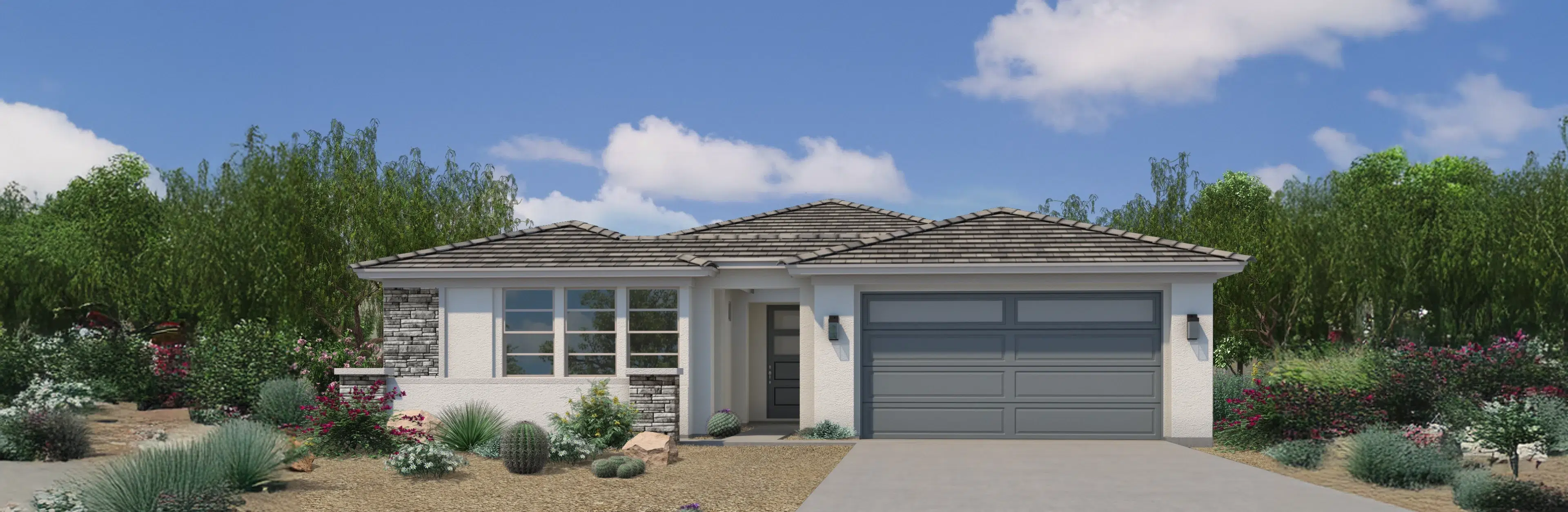 Single-story modern house with a two-car garage, large windows, and desert landscaping under a blue sky with scattered clouds.