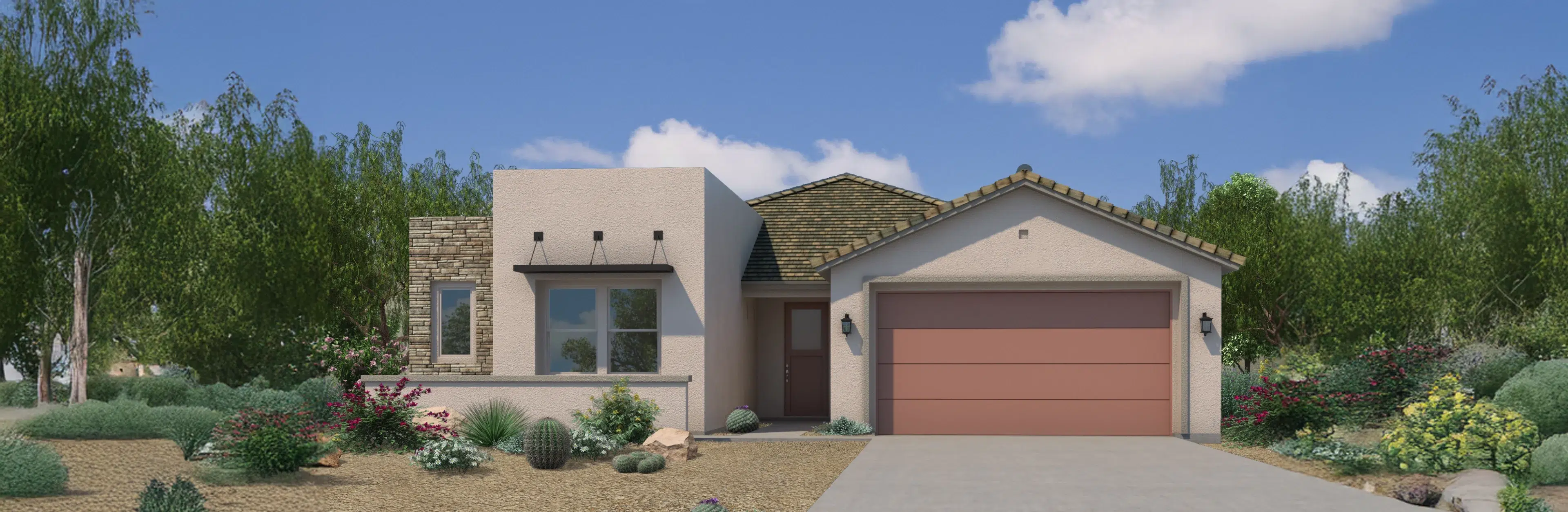 Single-story house with a two-car garage, light-colored exterior, desert landscaping, and clear sky in the background.