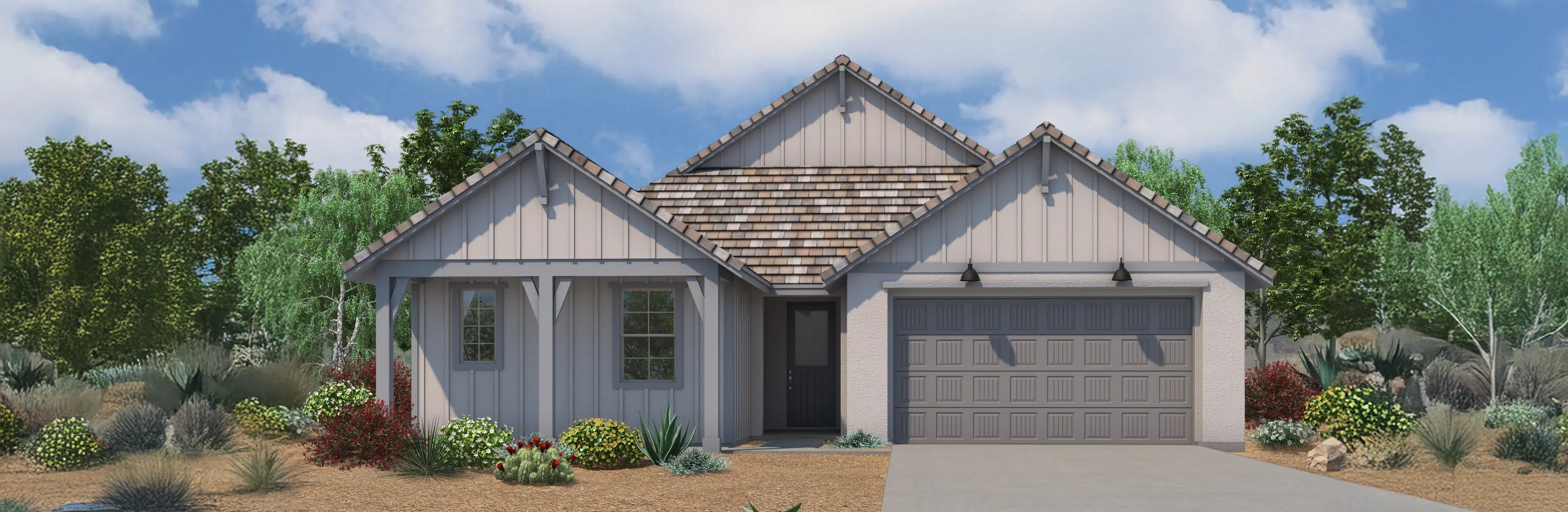 Single-story house with a gable roof, gray siding, a double garage, and landscaped front yard with various shrubs and desert plants.