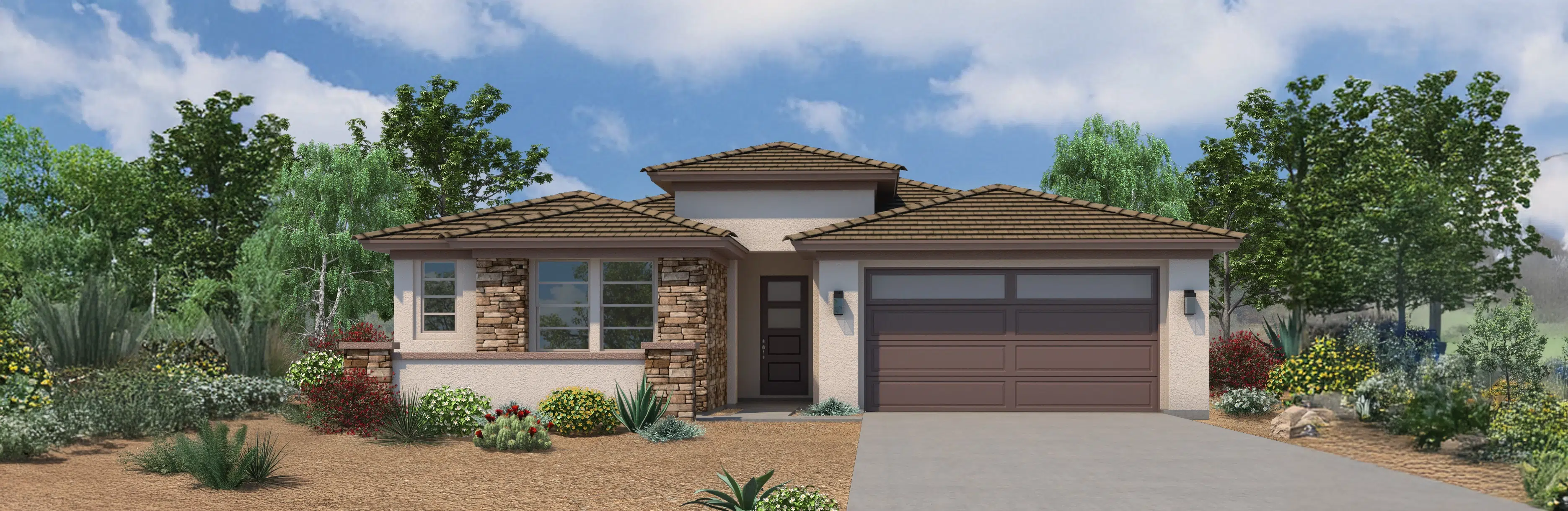 Single-story suburban house with stone accents, a two-car garage, and desert landscaping in front, surrounded by trees and shrubs under a partly cloudy sky.