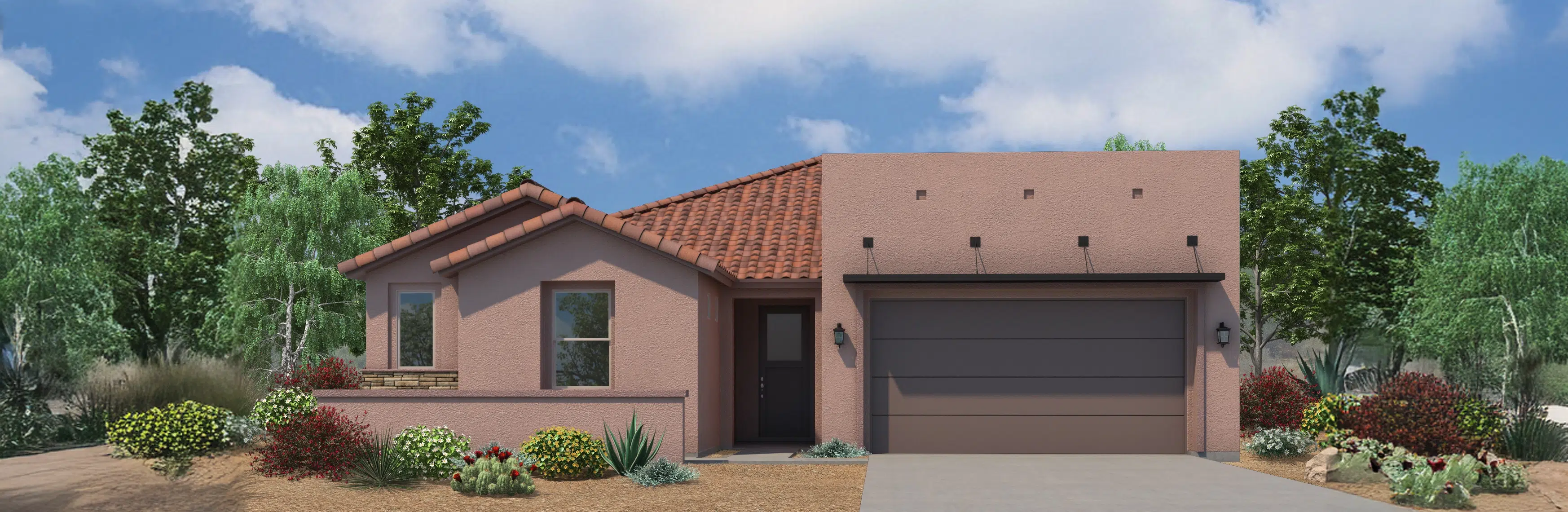 Single-story house with a terra-cotta tile roof, stucco exterior, double garage, and desert landscaping, set against a backdrop of trees and a partly cloudy sky.