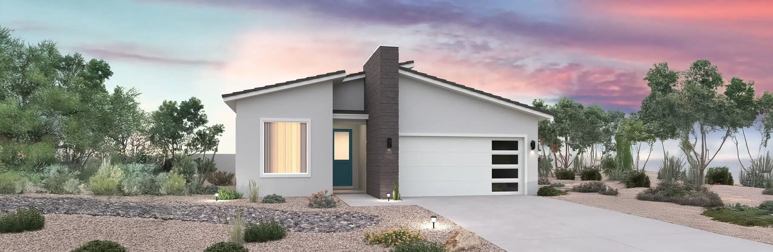 Single-story modern house with a flat roof, light exterior, prominent dark chimney, two-car garage, desert landscaping, and a concrete driveway at sunset.
