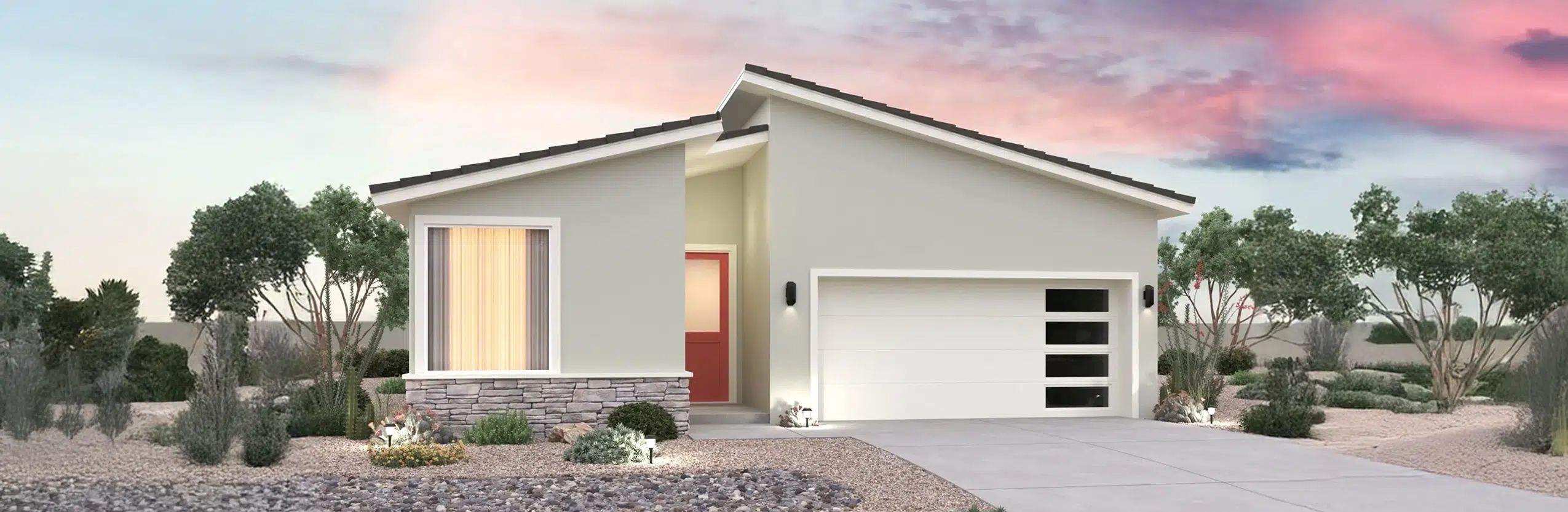 Single-story modern house with a red front door, large window, double garage, desert landscaping, and a sunset sky in the background.