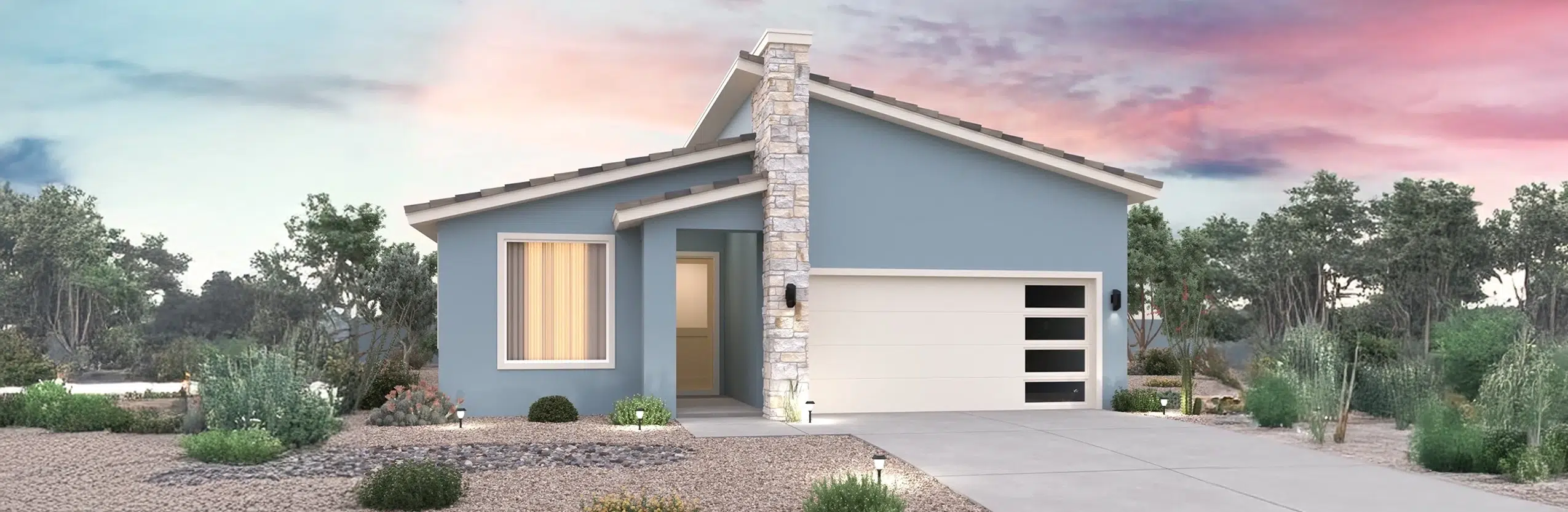 Single-story modern house with blue and white exterior, stone accent, two-car garage, and desert landscaping under a colorful sky.