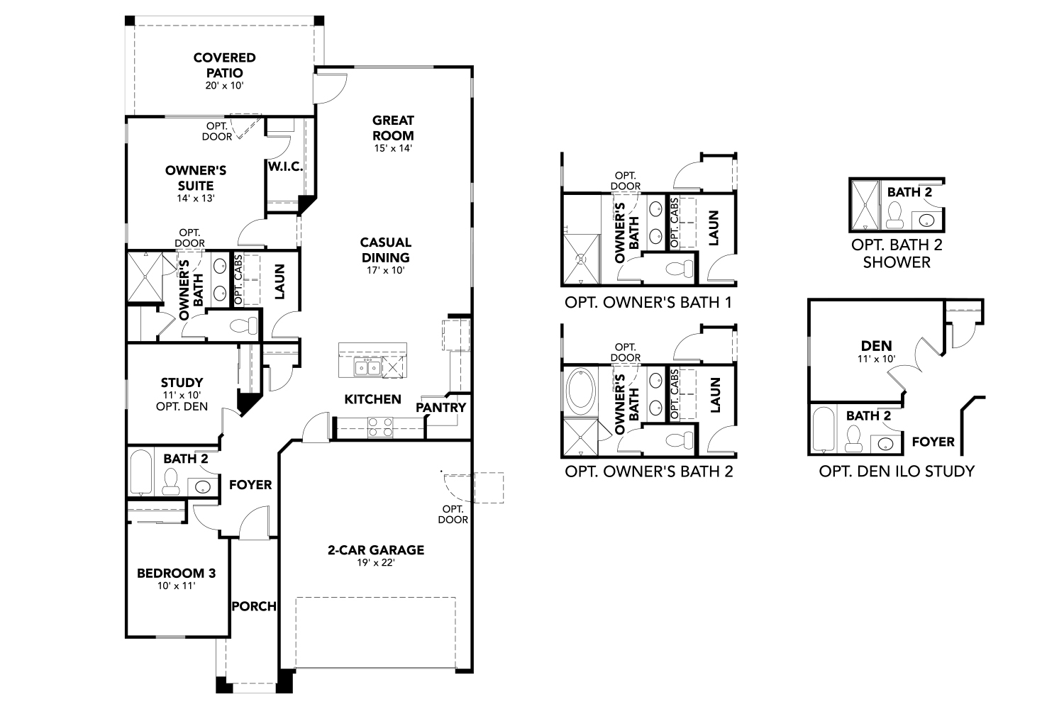 Floor plan of a single-story house with three bedrooms, two bathrooms, a kitchen, laundry, 2-car garage, covered patio, and multiple optional layout configurations for baths and den.