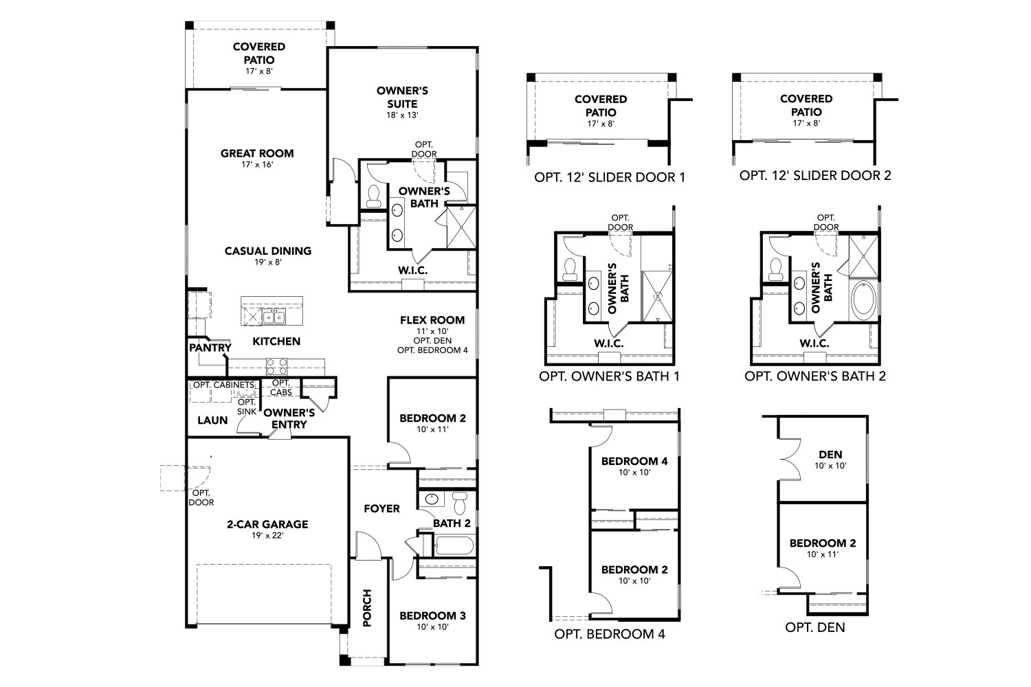 Floor plan of a single-story house showing kitchen, great room, four bedrooms, three bathrooms, 2-car garage, patio, and multiple optional layout configurations.