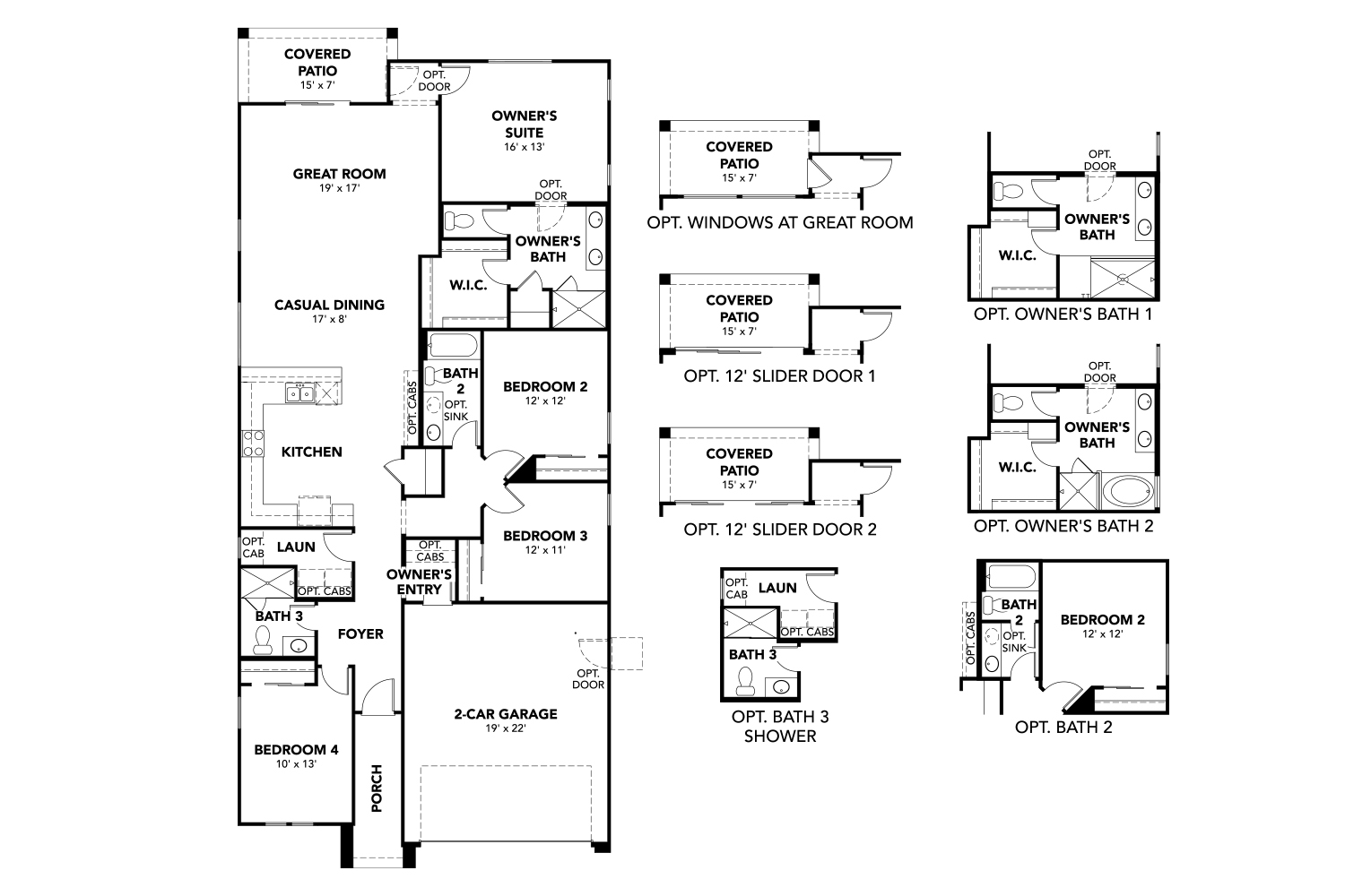Black and white floor plan of a single-story house with four bedrooms, three bathrooms, a two-car garage, multiple patios, and optional bath and patio configurations shown.