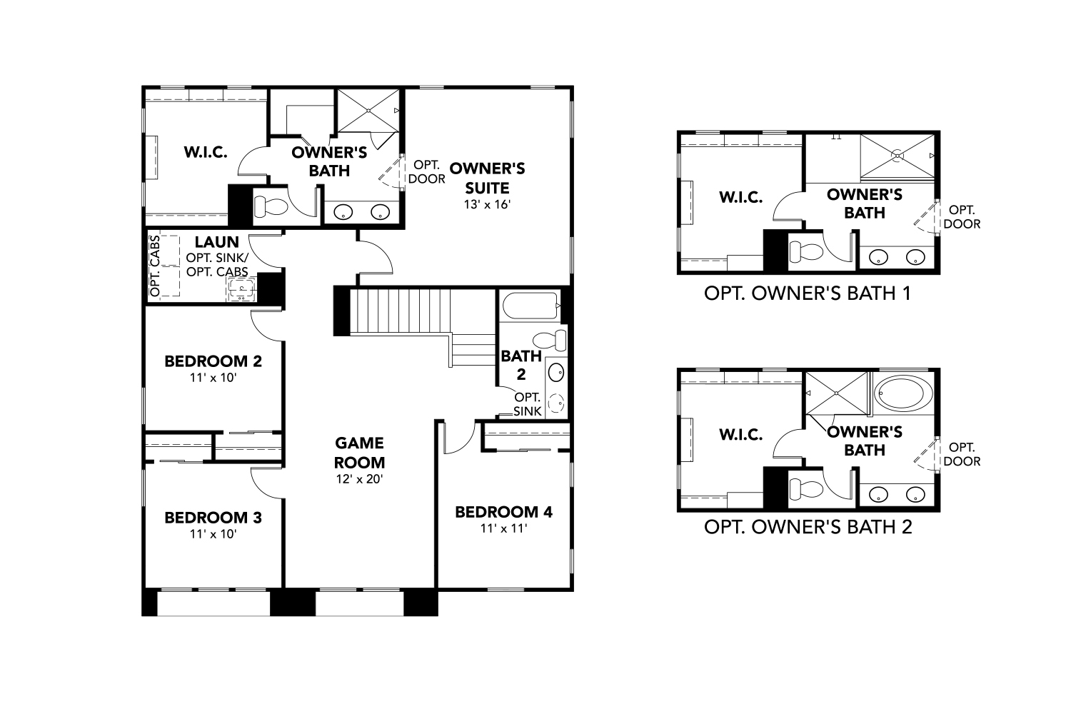 Black and white floor plan showing four bedrooms, game room, laundry, and three optional layouts for the owner’s bathroom and walk-in closets.