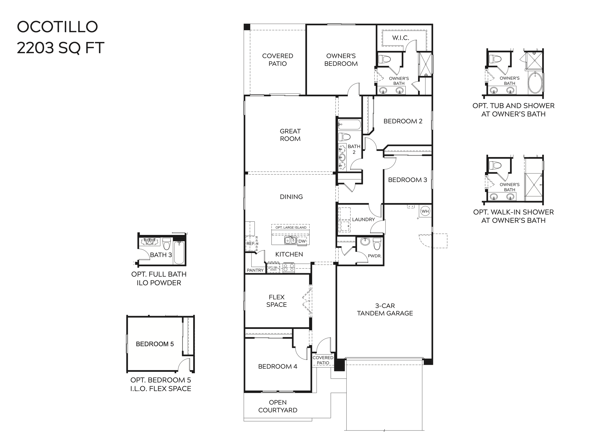 Floor plan of a single-story house labeled "OCOTILLO 2203 SQ FT," showing 5 bedrooms, 3 bathrooms, kitchen, dining, great room, laundry, 3-car tandem garage, and optional bath layouts.