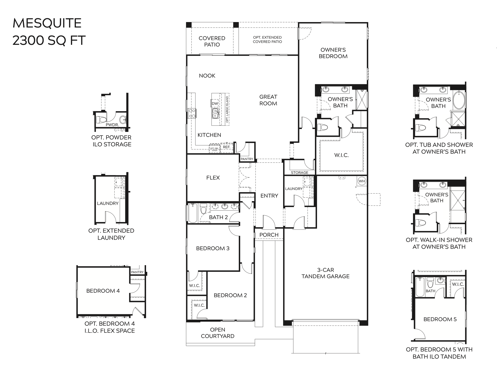 Black and white floor plan labeled "Mesquite 2300 SQ FT," showing 3 bedrooms, 3-car tandem garage, kitchen, great room, covered patio, laundry, and optional room configurations.