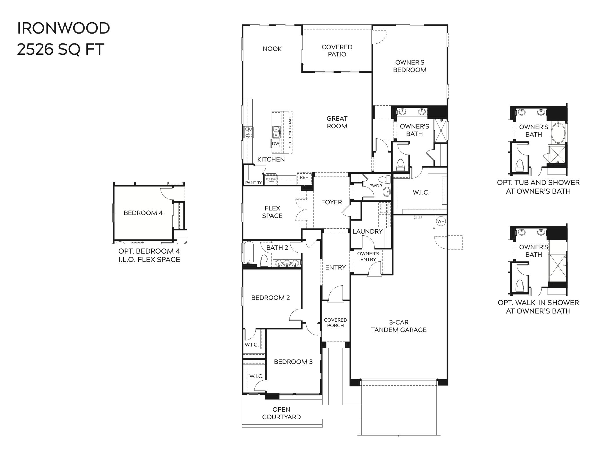 Floor plan for a single-story home labeled "Ironwood," 2526 sq ft, showing four bedrooms, three baths, a 3-car tandem garage, and optional owner's bath configurations.