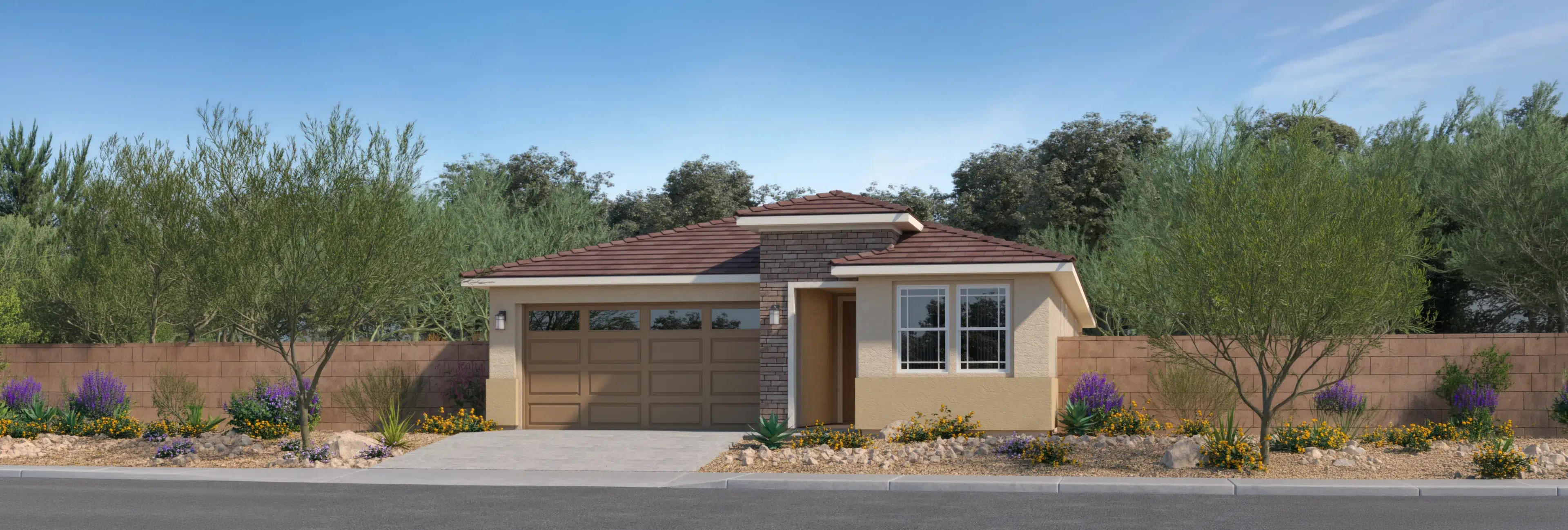 Single-story suburban house with a brown tile roof, attached two-car garage, stone accents, and landscaped front yard with desert plants and flowers.