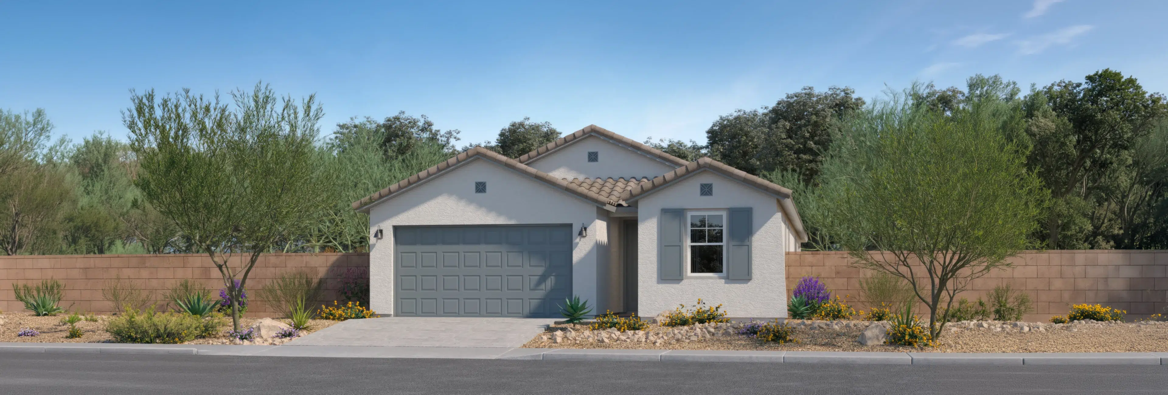 Single-story house with a gray garage door, white exterior walls, tiled roof, and desert landscaping in the front yard, set against a wooden fence and trees.