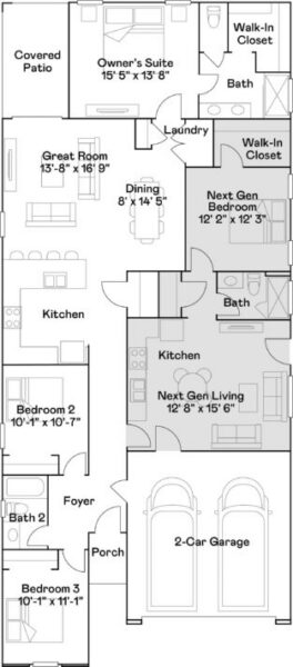 Floor plan of a single-story house featuring three bedrooms, a great room, kitchen, dining area, two-car garage, owner's suite, Next Gen suite, and covered patio.