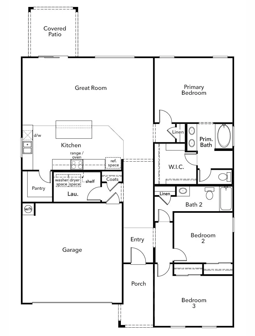 Black and white floor plan of a single-story house with three bedrooms, two bathrooms, kitchen, great room, laundry, garage, covered patio, and entry porch.