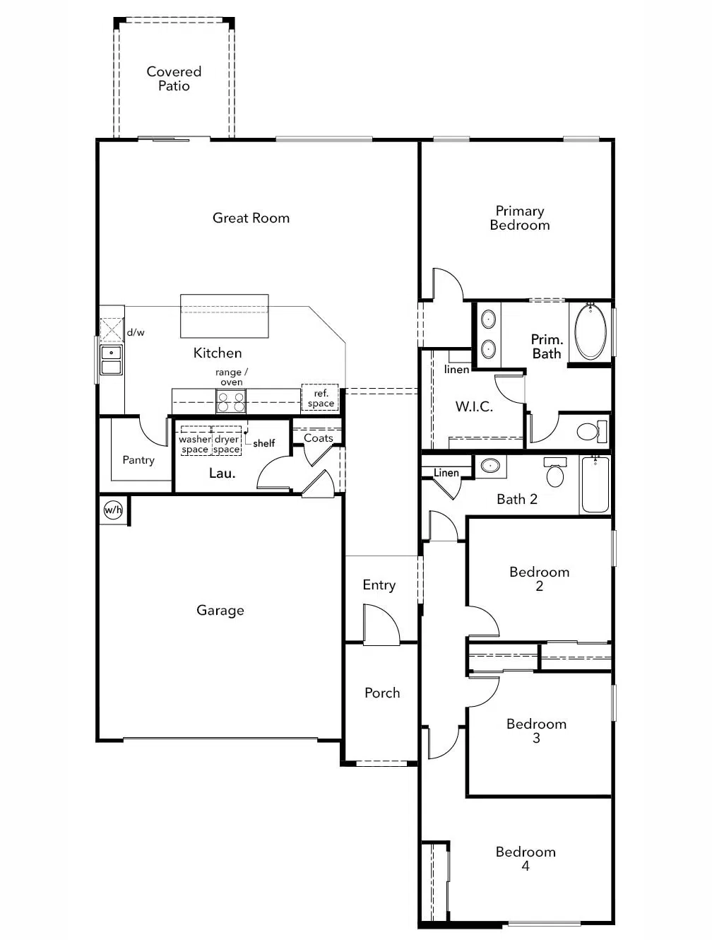 Black and white floor plan of a single-story house with four bedrooms, two bathrooms, garage, kitchen, great room, laundry, pantry, and covered patio.