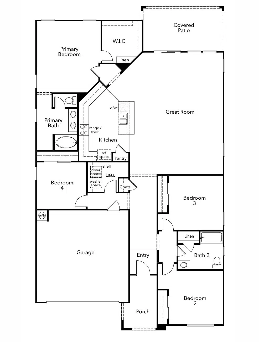 Black and white floor plan of a single-story house with four bedrooms, two bathrooms, a great room, kitchen, laundry, garage, covered patio, and porch.