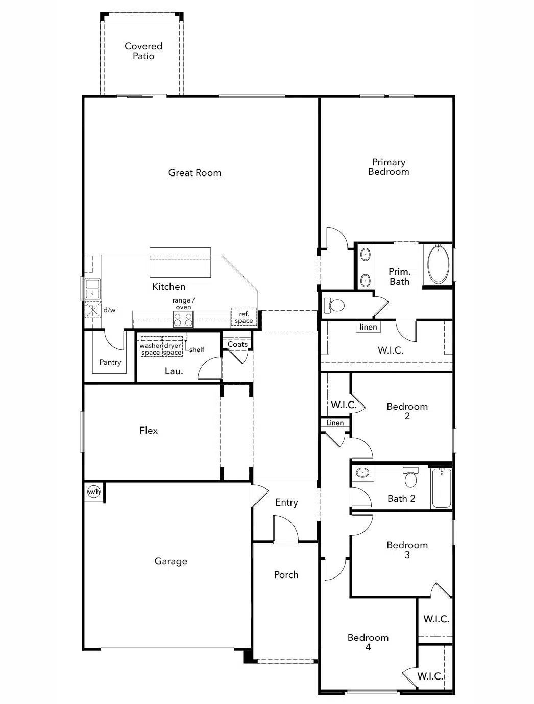 Black and white floor plan of a single-story house with four bedrooms, three bathrooms, kitchen, great room, flex space, laundry, garage, and covered patio.