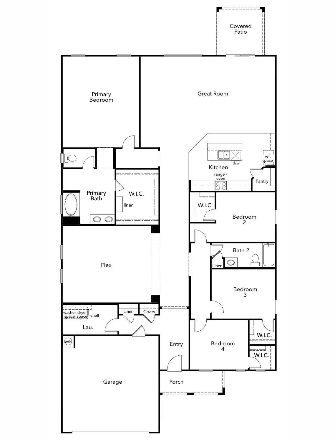 Black and white floor plan of a single-story house with four bedrooms, two baths, kitchen, great room, flex room, laundry, garage, porch, and covered patio.