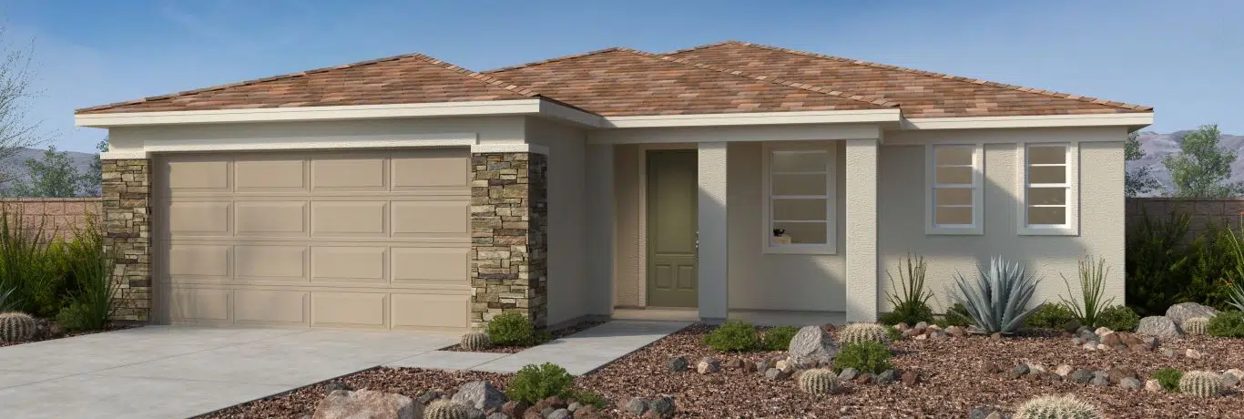 Single-story suburban house with a two-car garage, stone accents, tan stucco exterior, and desert landscaping in the front yard.