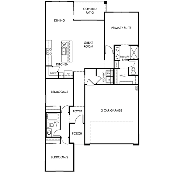 Black and white floor plan of a single-story home with three bedrooms, two bathrooms, a kitchen, great room, dining area, laundry, covered patio, and a two-car garage.