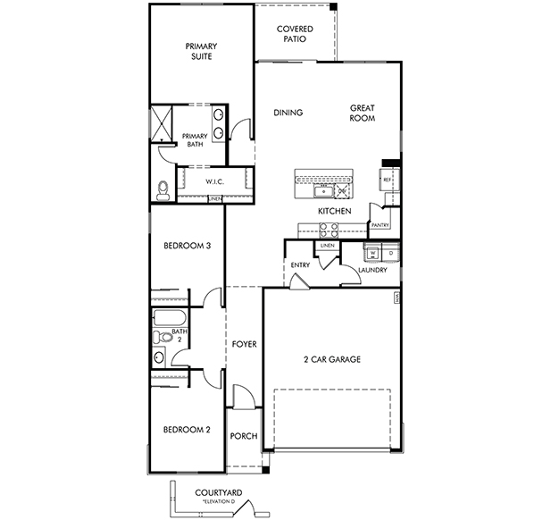 Black and white floor plan showing three bedrooms, two bathrooms, kitchen, dining, great room, laundry, pantry, foyer, porch, 2-car garage, covered patio, and courtyard.