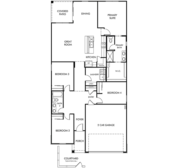 Black and white floor plan of a house with four bedrooms, three bathrooms, a kitchen, great room, dining area, laundry, covered patio, porch, and a two-car garage.
