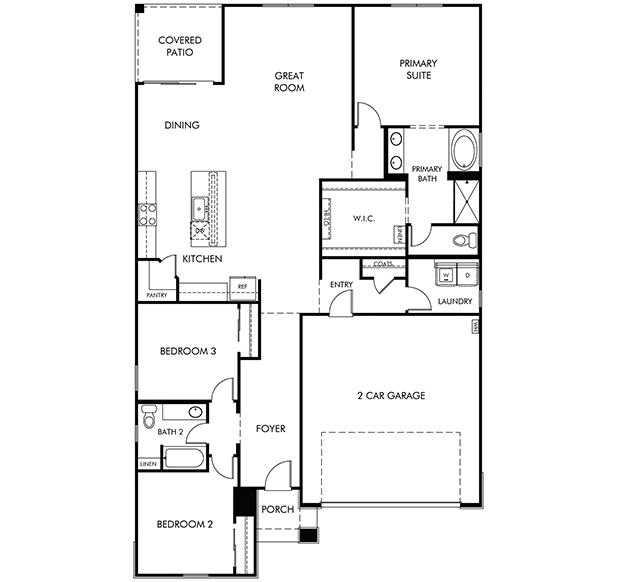 Black and white floor plan of a single-story house with three bedrooms, two bathrooms, kitchen, great room, dining area, laundry room, two-car garage, porch, and covered patio.