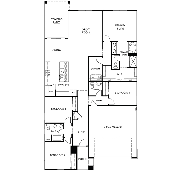 Black and white floor plan of a single-story house showing four bedrooms, three bathrooms, kitchen, dining area, great room, laundry, and a 2-car garage. Covered patio and porch included.