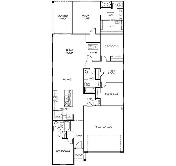 Black and white floor plan of a single-story house with four bedrooms, three bathrooms, a 2-car garage, kitchen, dining, great room, laundry, teen room, porch, and covered patio.